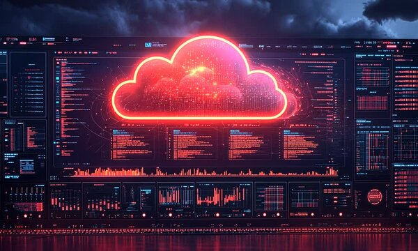 Digital cloud computing interface with glowing data displays.