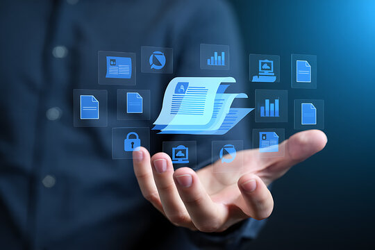 Digital document management and data analysis illustrated with floating icons representing concepts like security communication and business intelligence