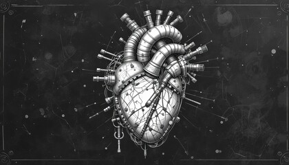 Steampunk Mechanical Heart engraving vector. Robotic biomechanical heart with intricate pipes, gears, and tubes, steampunk and futuristic cybernetic aesthetics sketch.