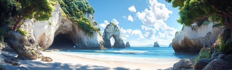 Cathedral Cove Beach Panorama in Summer, Empty and Bright Daytime Scene
