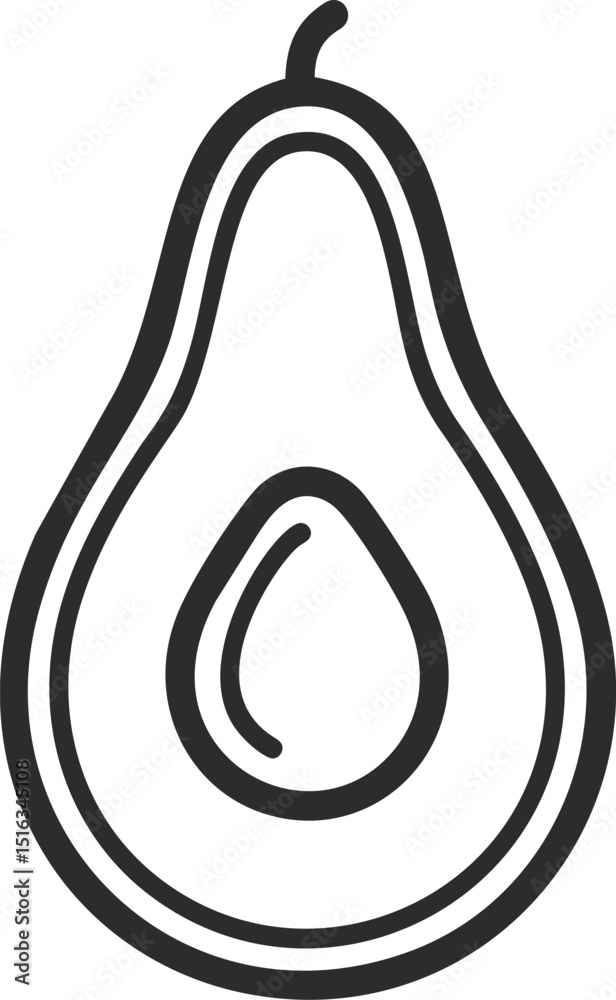Poster outline of a halved avocado with seed in black and white minimalistic design. vector illustration