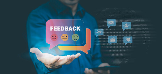 Customer Satisfaction Survey Rating and Digital Feedback Concept. Illustrating customer review and communication in modern marketing  CRM strategies, Professional interacting
