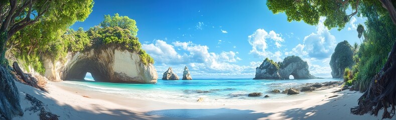 Cathedral Cove Beach Panorama in Summer, Empty and Bright Daytime Scene
