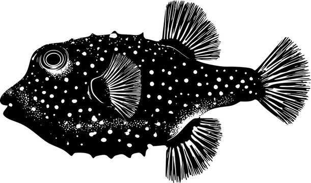 Silhouette of a spotted boxfish with intricate fins in black and white illustration. Vector illustration