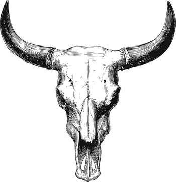 Black and white illustration of a bull skull with large horns. Vector illustration