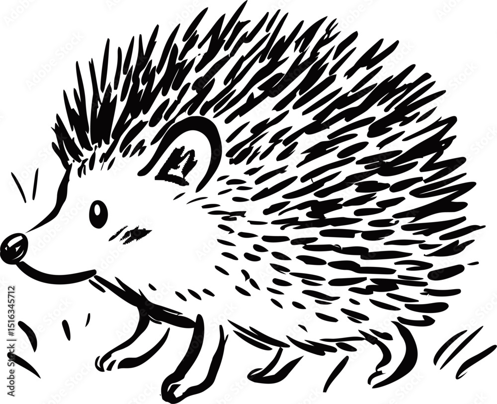 Poster sketch of a hedgehog with sharp spines in black and white illustration style. vector illustration