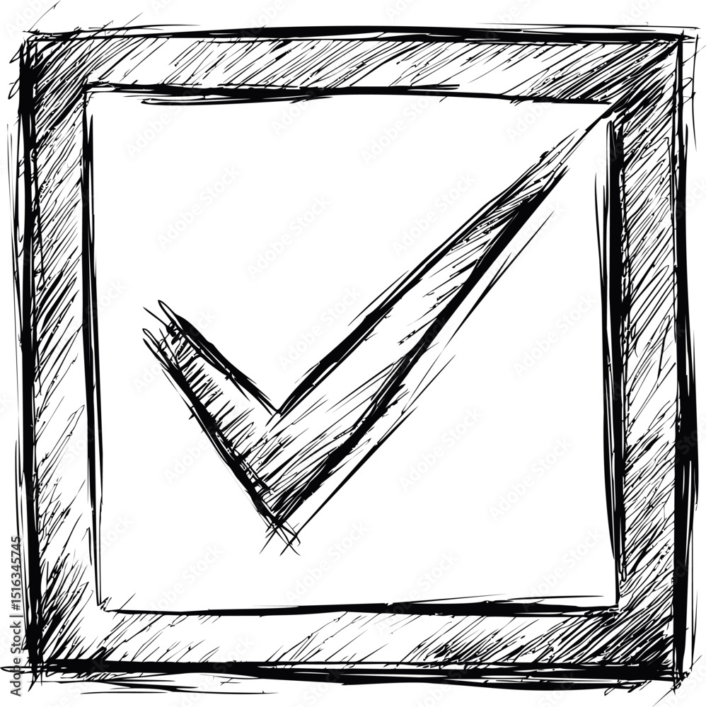Poster sketched black check mark inside a square with scribbled lines drawing. vector illustration