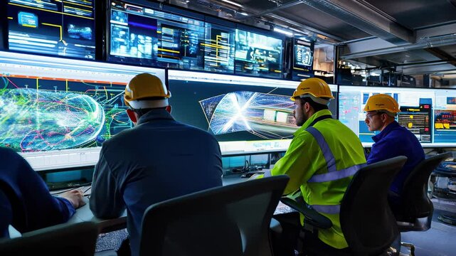 Engineers at manufacturing facility monitor and analyze digital twin simulation to optimize production line efficiency using real-time 3D data and advanced visualization.
