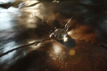 a shiny leather surface with a single drop of water resting on it, the surface reflecting the droplet, captured with high detail and diffused lighting.
