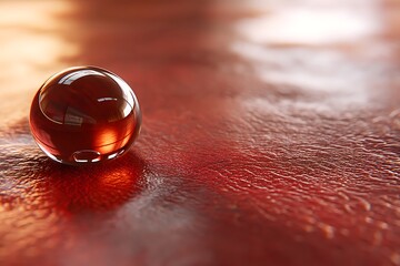 a shiny leather surface with a single drop of water resting on it, the surface reflecting the droplet, captured with high detail and diffused lighting.