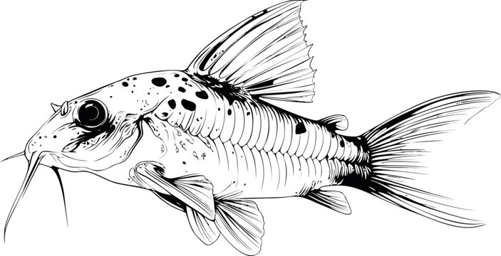 Black and white illustration of a cory catfish with detailed scales and fins. Vector illustration