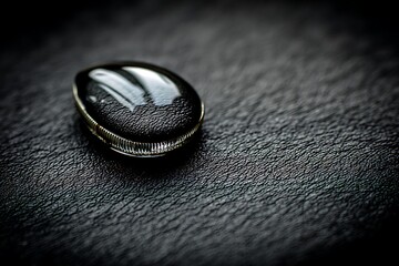 a shiny leather surface with a single drop of water resting on it, the surface reflecting the droplet, captured with high detail and diffused lighting.
