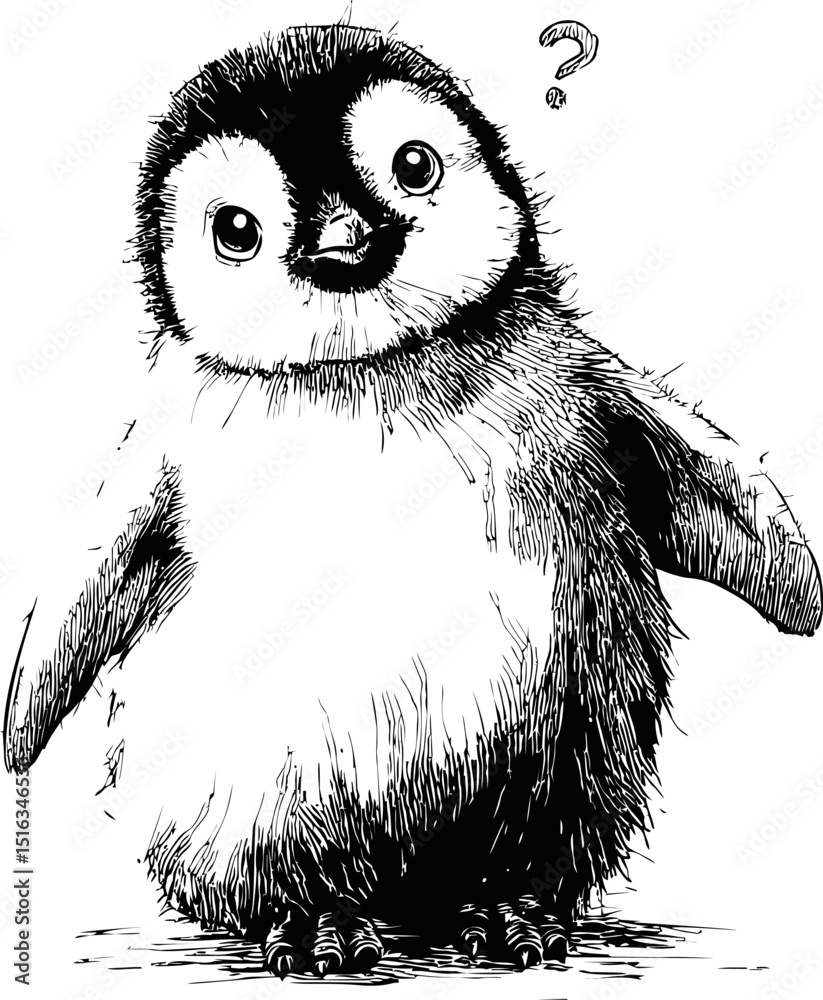 Poster adorable baby penguin sketch with questioning expression in black and white. vector illustration