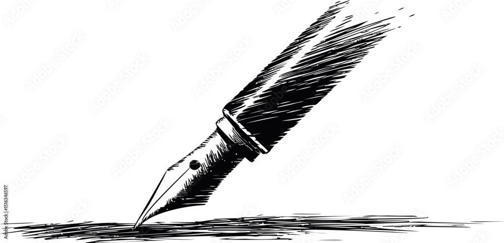 Poster ink sketch of a fountain pen drawing a line with dynamic strokes, creativity concept. vector illustr