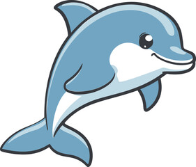 Obraz premium Blue cartoon dolphin smiling with big eyes and ocean background. Vector illustration