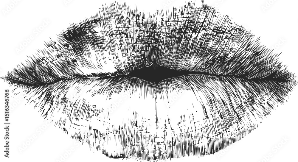 Poster black and white detailed sketch of lips with intricate texture pattern. vector illustration