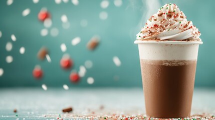 A seasonal beverage filled with rich chocolate and topped with fluffy whipped cream, sprinkled with festive toppings, perfect for cozy gatherings or holiday celebrations.