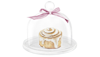 Cinnabon, cinnamon watercolor. Hand drawn cinnamon bun with cream cheese under the cloche. Classic American sweet. Clip art isolated on white background. For coffee shop menu, pastry shop and sweet