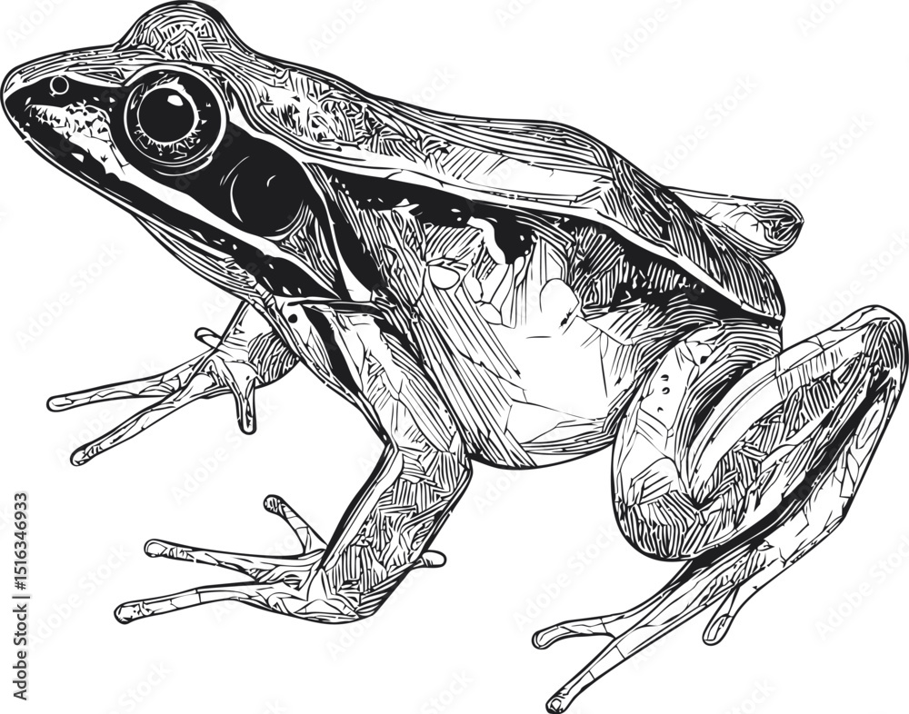 Poster Detailed black and white sketch of a frog with intricate line patterns. Vector illustration