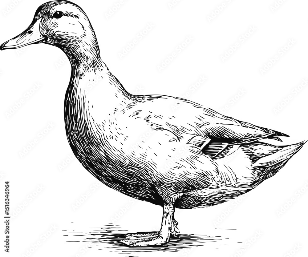 Poster intricate black and white sketch of a duck showing detailed feathers. vector illustration