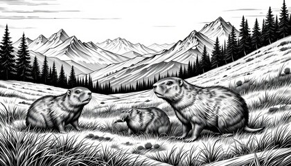 Vintage Groundhog Illustration engraving vector. groundhogs in a grassy alpine meadow with mountains and trees in the background sketch engraving generative ai vector illustration.