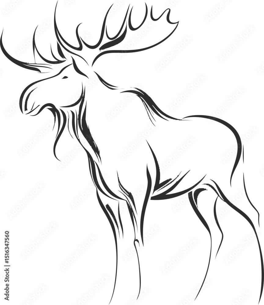 Poster simple black line drawing of a moose in profile with large antlers, minimalistic art. vector illustr
