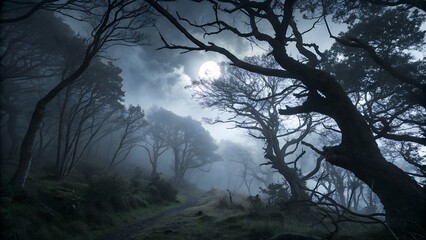 Obraz premium Mystical Woodland Path: A surreal path winds through an enchanting, fog-shrouded forest, bathed in the eerie glow of the moon. The landscape is both captivating and evocative.