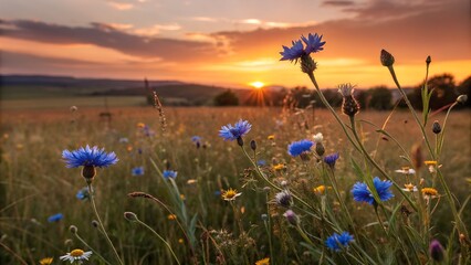 Fototapeta premium Sunset Bloom in Field: A field of wildflowers bathed in the warm glow of a vibrant sunset. Capture the beauty of nature.