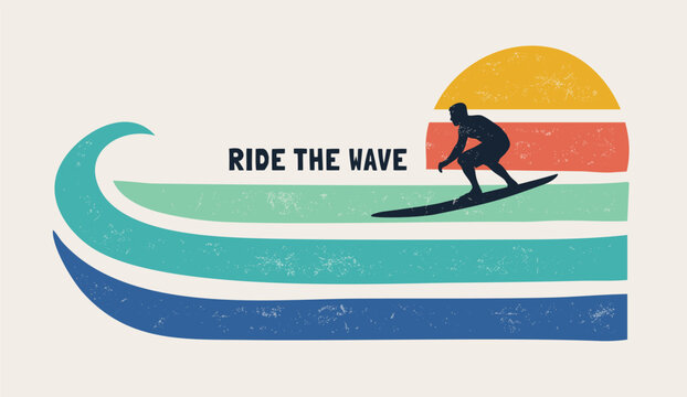 Retro surf vector graphic. Surfer silhouette riding a wave with a stylized sunset and "Ride the Wave" text.