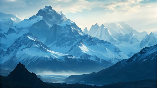 Majestic Mountain Range Panorama: A breathtaking panorama reveals majestic, snow-capped mountain range under a serene sky, casting long shadows across the rugged terrain.