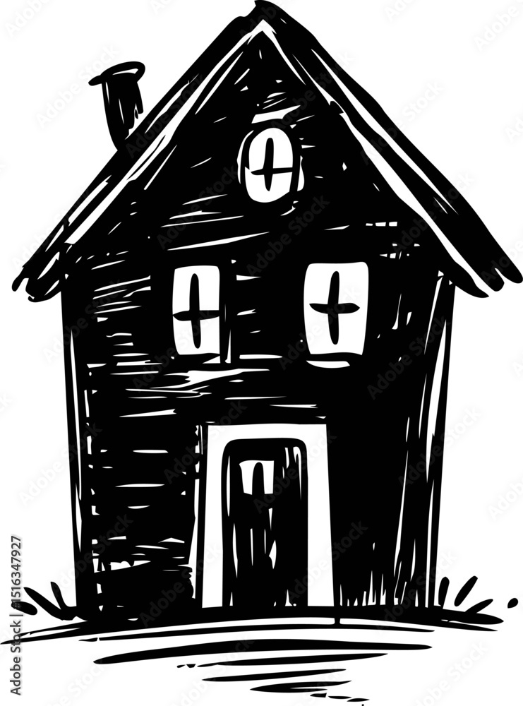 Aufkleber sketch of a rustic house with cross windows and chimney in monochrome style. vector illustration
