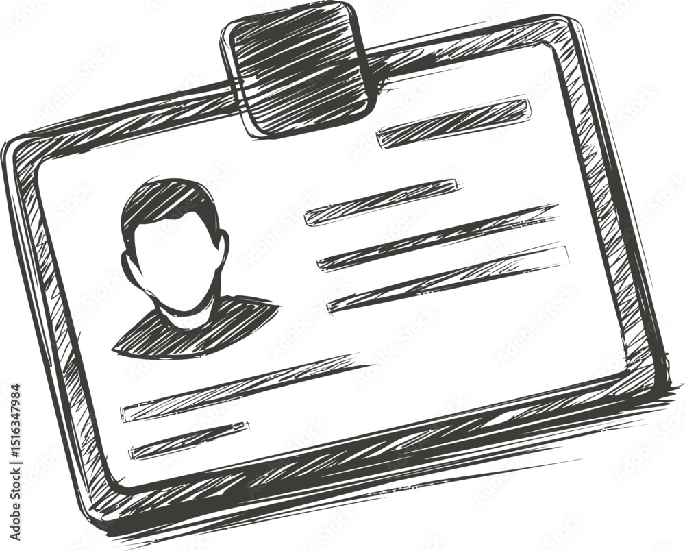 Poster sketch illustration of an id badge with a paperclip and abstract lines. vector illustration