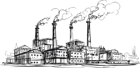 Fototapeta premium Sketch of industrial factory with four chimneys emitting smoke. Vector illustration