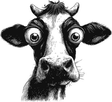 Naklejki Black and white illustration of a surprised cow with large eyes, detailed sketch. Vector illustration