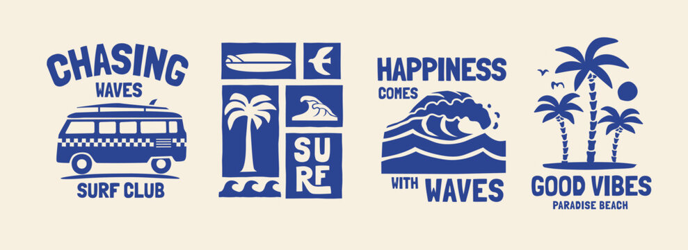 Vector graphic set with a tropical surf theme graphics. Perfect for t-shirt print, posters, and other surfing related designs.