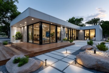 Fototapeta premium A striking contemporary house illuminated at dusk, set among artistic landscaping. This modern design captivates the eye and reflects the beauty of current architectural trends.