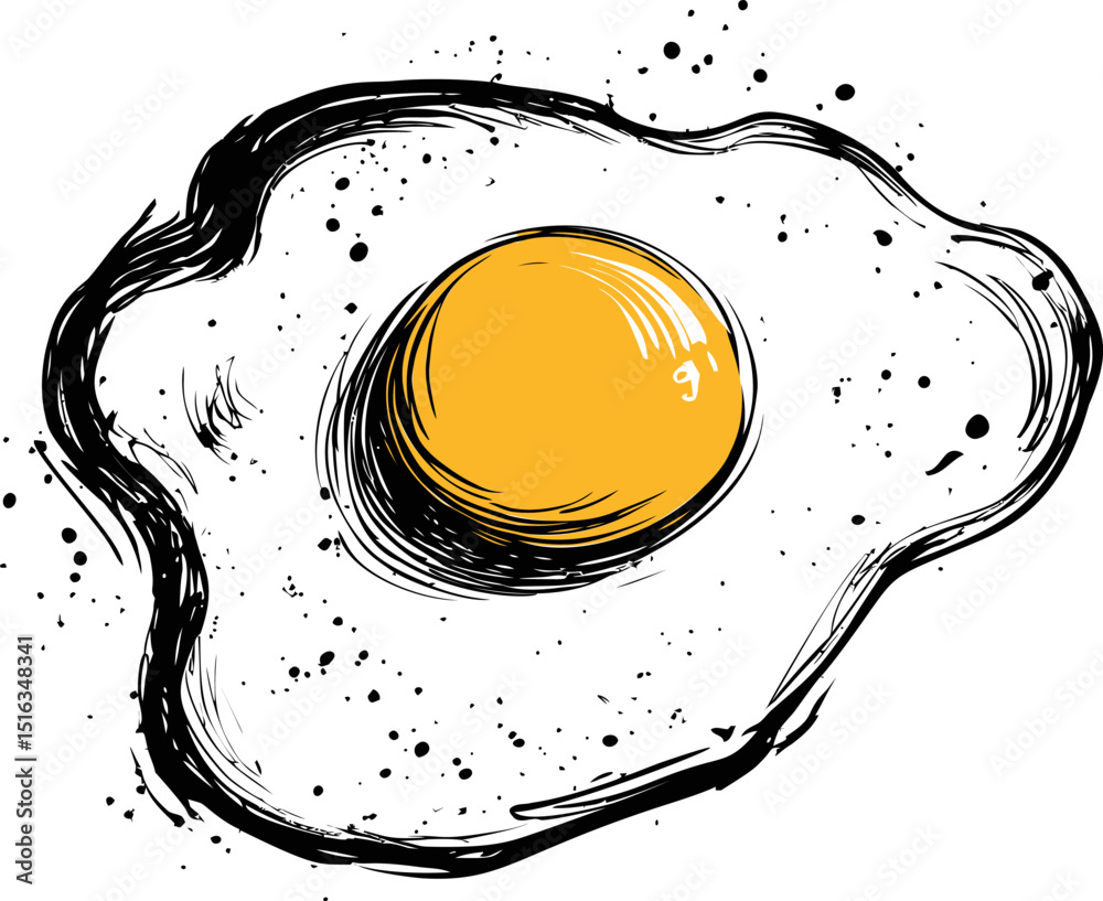 Poster illustration of a fried egg with sketchy lines and abstract splatters. vector illustration