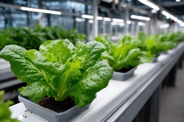 This image showcases vibrant green lettuce growing in a controlled hydroponic environment, highlighting sustainable farming practices for a healthier future.
