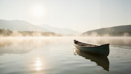 Canoe floating on misty lake during sunrise in serene nature  