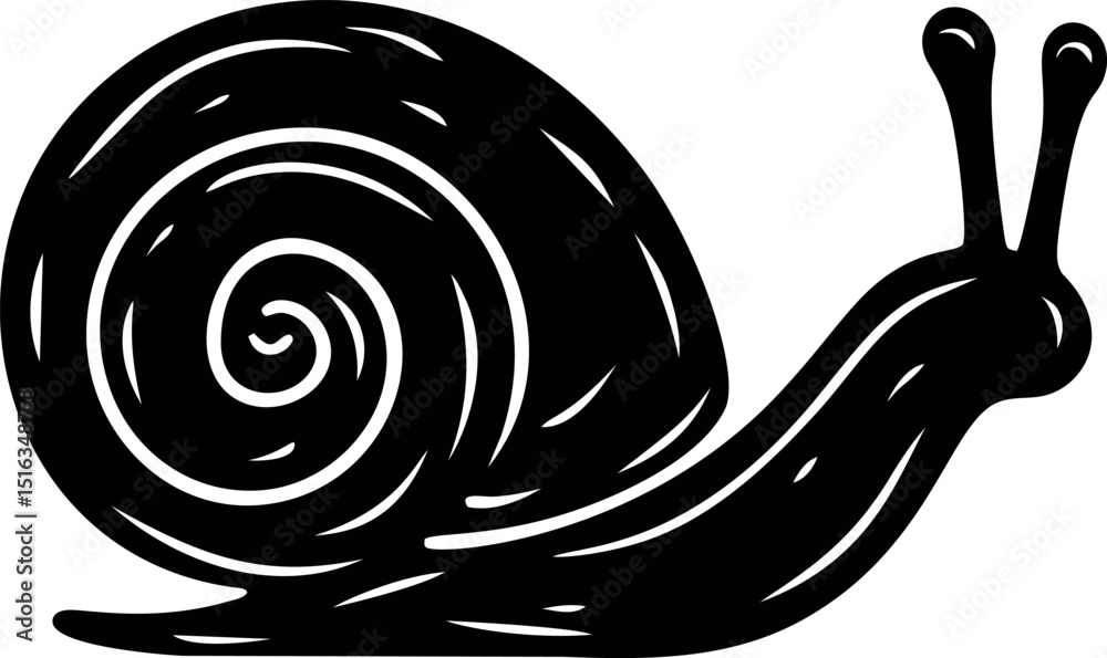 Poster silhouette of a stylized snail with a spiral shell in black and white. vector illustration