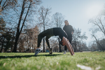 A young athlete performs a back bend on a green lawn under the guidance of a coach, highlighting...