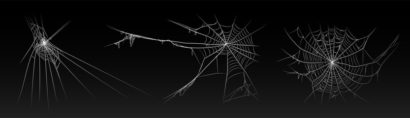 Halloween old spooky cobweb with various sizes and shapes. Old spider web set vector illustration dark gothic decoration for holidays. Corner spider net insect thread cobweb scary frames.