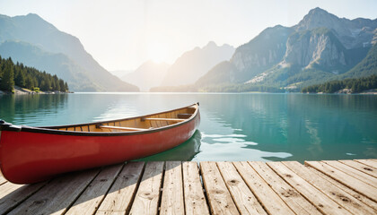 Canoe resting on wooden pier at sunrise by tranquil mountain lake  