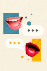 Creative trend artwork design 3D collage of two mouth lips speech note texting sms chatting email bubble communication three star rating