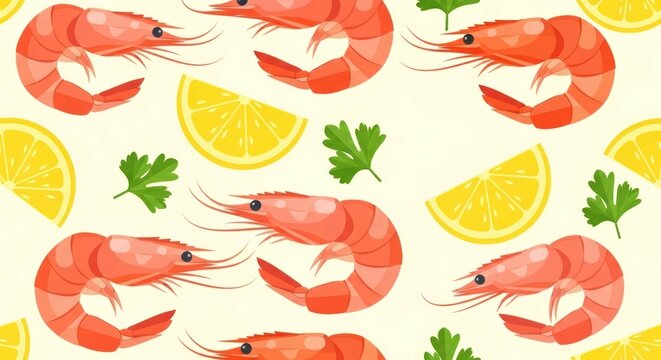 Seamless pattern with shrimp, lemon, and parsley on light background