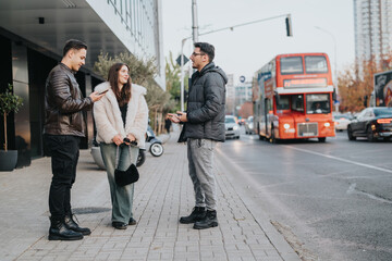 Group of friends interacting and enjoying outdoors, with an urban cityscape background.