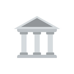Fototapeta premium Flat vector icon of a classical building with columns and a triangular pediment, representing a government institution, courthouse, museum, or bank, isolated on a white background.