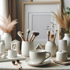  White ceramic cup set-up in at home interior, mug mock up blank.