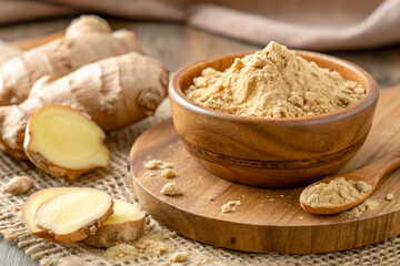 Ground ginger powder in wooden bowl with fresh ginger root
