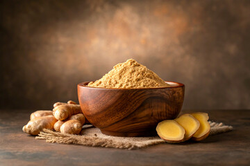 Ground ginger in wooden bowl with fresh ginger root